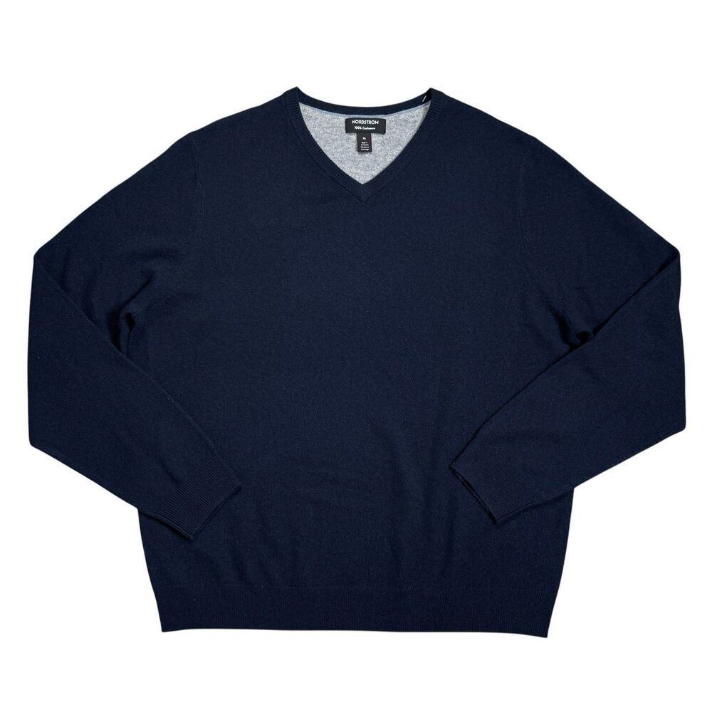 Nordstrom 100% Cashmere V-Neck Sweater Mens XL Navy Blue Quiet Luxury Preppy